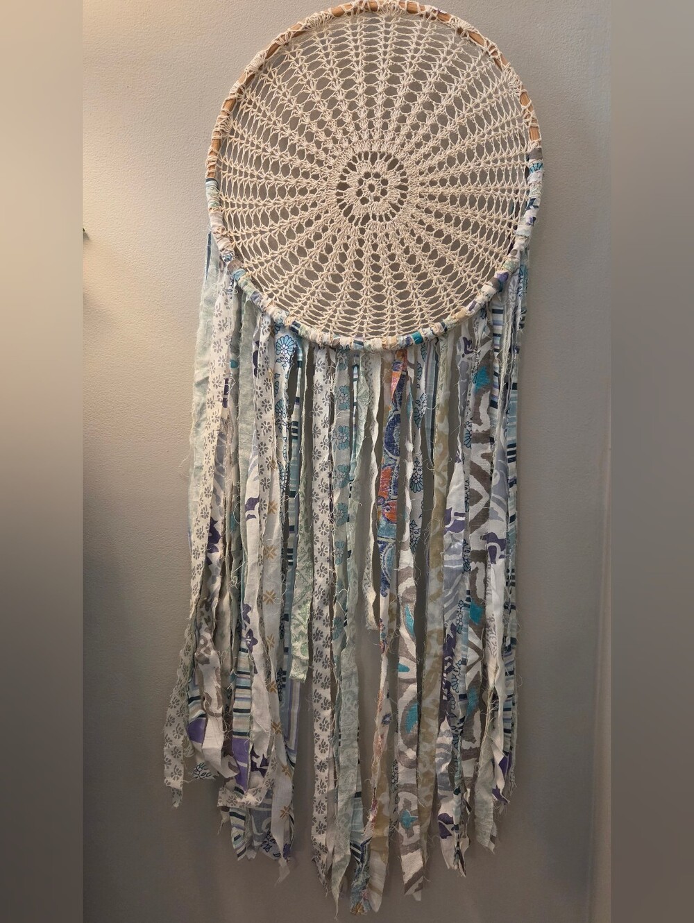Large Boho Crochet Dreamcatcher Wall Hanging in Cream and Aqua